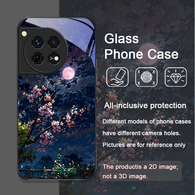 Moon Cherry Blossom Pattern Scenery Tempered Glass Phone Case for OnePlus 13 R 12 11 10 Pro ACE2 ACE3 Nord CE 4 3 2 Lite Covers