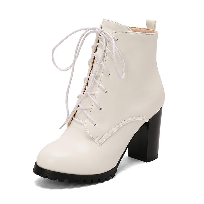 ANNYMOLI Women Ankle Boots Pointed Toe Block High Heels Lace-up Zipper Short Boots Ladies Fashion Shoes Autumn Winter 46
