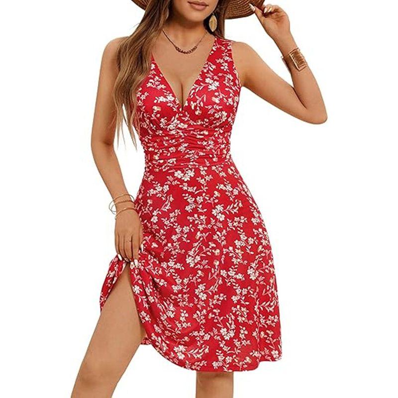 

Fashion Style Fashion Elegant French Style Red Small Floral Sling Dress Women s Summer Seaside Holiday Beach Skirt Waist-Tight Red M