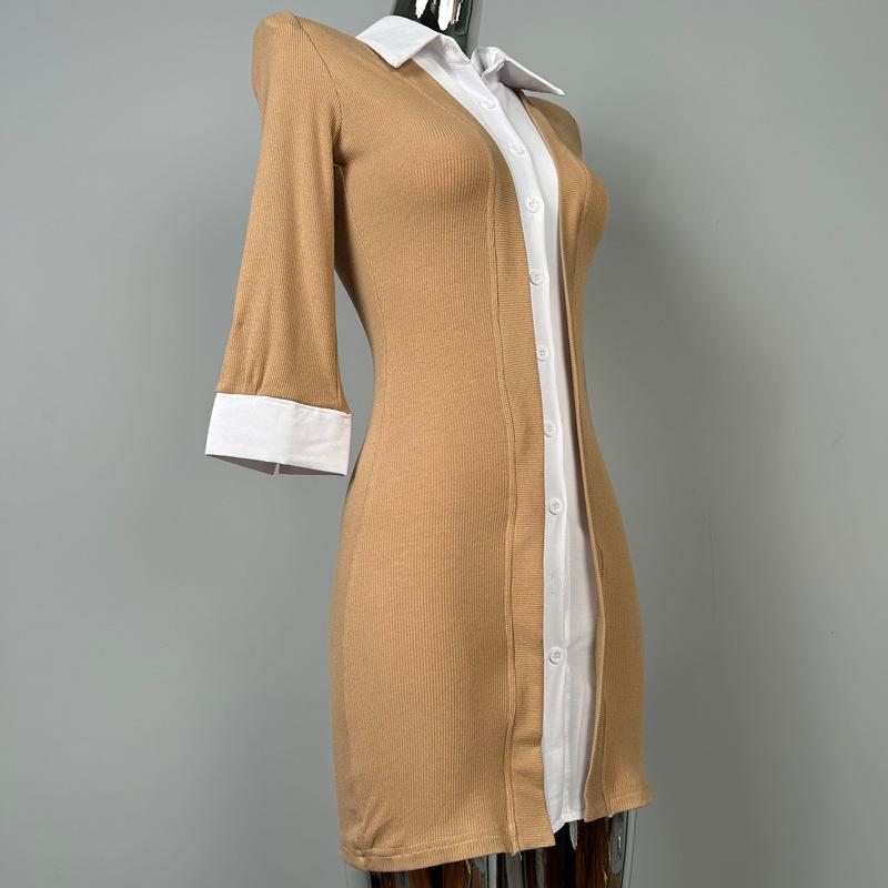 

Korean Sexy Faux Two-Piece Lapel Dress - Figure-Flattering & Feminine Design One Size бежевий