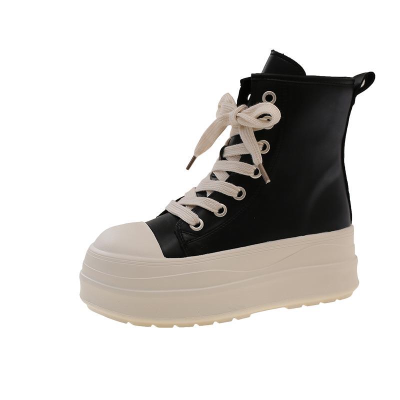 Imitation leather thick baseplate shoes women's autumn 2025 new versatile velvet round head lace-up side zipper casual bread shoes
