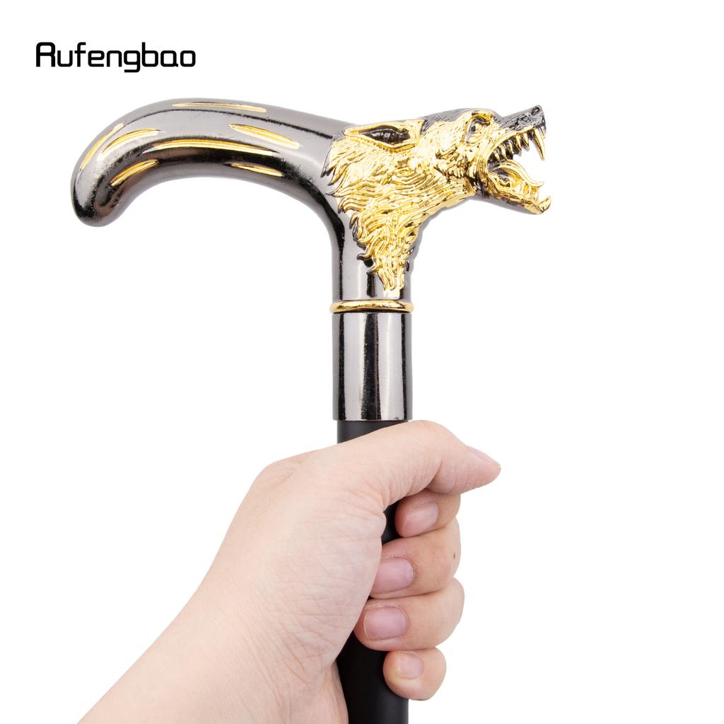 Golden Black Wolf Head Biting Walking Cane Fashion Decorative Walking Stick Gentleman Elegant Cosplay Cane Knob Crosier 92cm