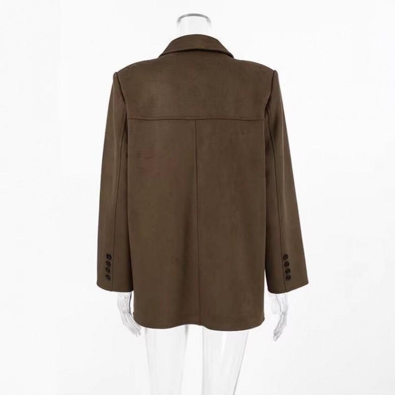 Chaqueta de Ante Vintage Oversize para Mujer con Solapa de Muesca Triple Botón Otoño Invierno