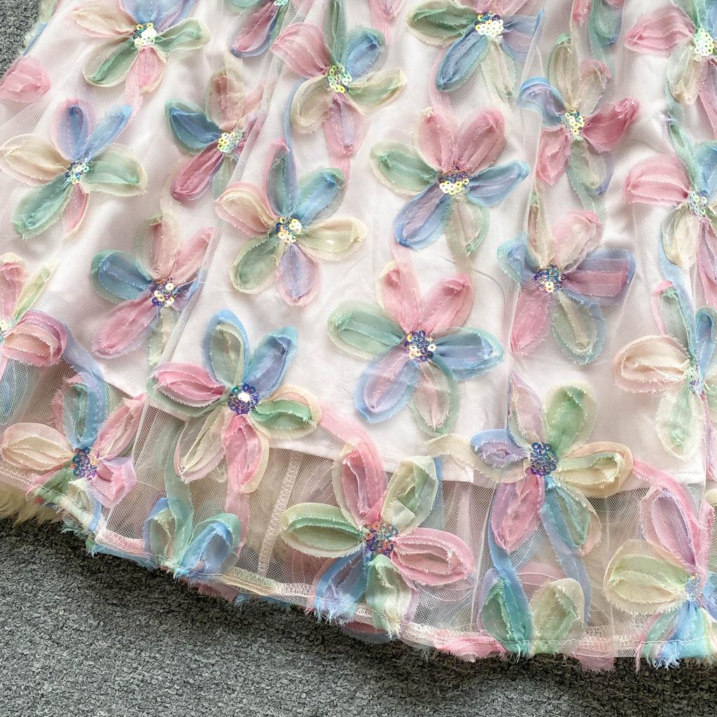 Fransk openwork gasbind søm paljetter broderi blomster A-linje kjole kvinner mote o-hals kortermet festkjoler