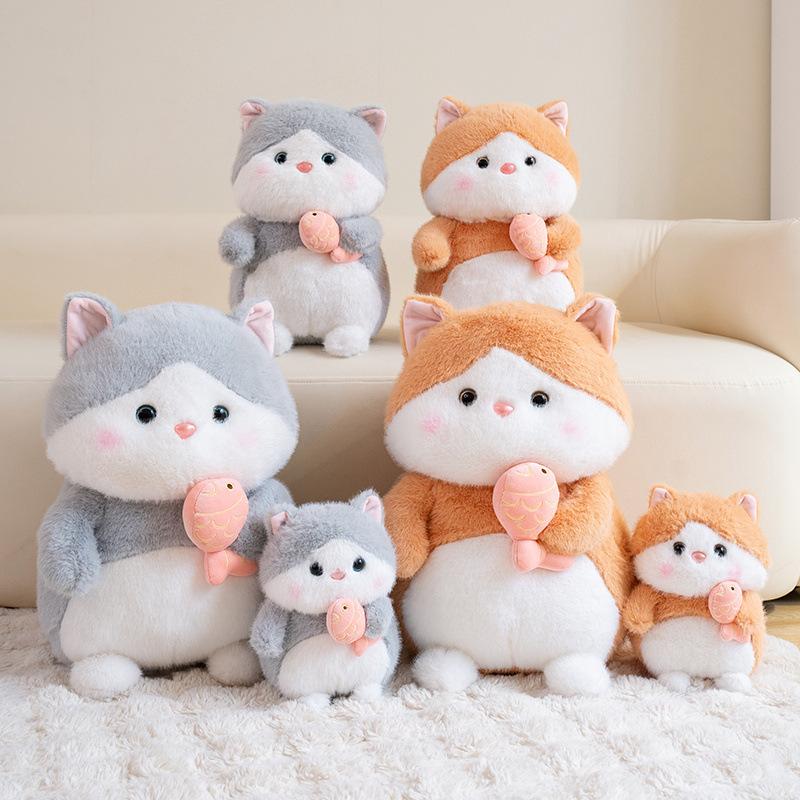 Miękka poduszka do rzucania dla kociąt, pluszowa zabawka, lalka trzymająca rybę, lalka kota, towarzysząca dzieciom, uspokajająca lalka