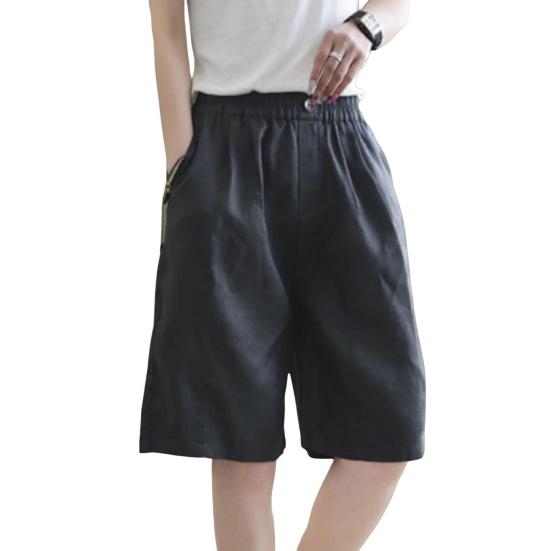 Women Shorts Wide Leg Elastic Waist Casual Pants Solid Color Loose Fit Knee-Length Sporty Shorts with Pockets