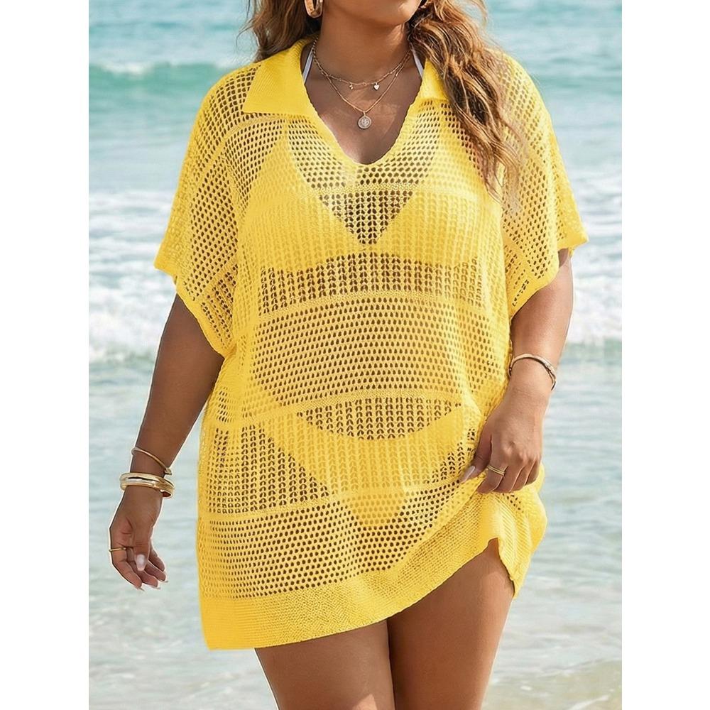 Plus-size Women's Beach Cover-up Polo-neck Top Loose Woven Shirt Sexy See-through Bikini Outerwear