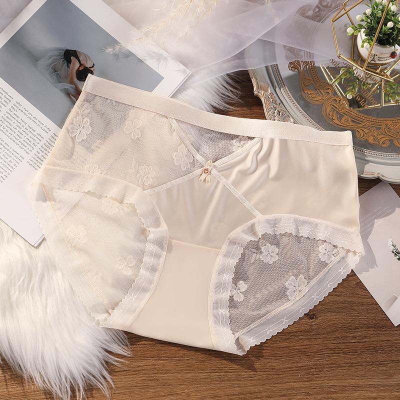 Plus Size Women Spring and Summer Sexy Hollow Lace Cotton 7a Antibacterial Extension Crotch Triangle Briefs