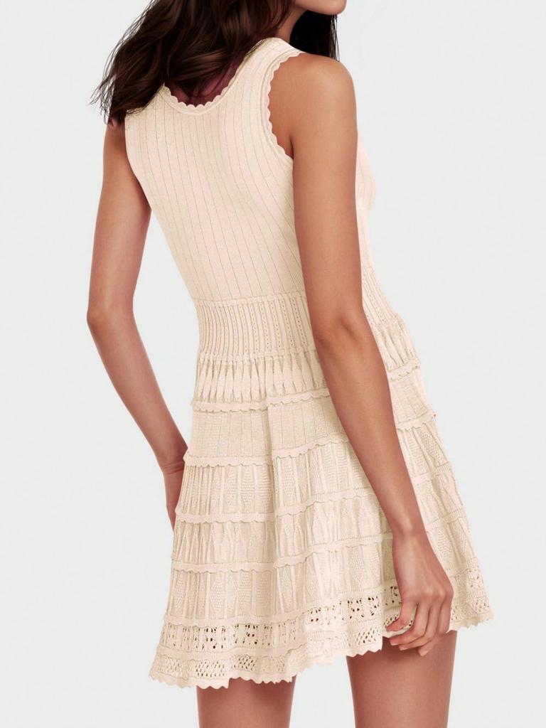 Women's Summer Tank Mini Dress Crew Neck Crochet Hem Flowy Knit Dress