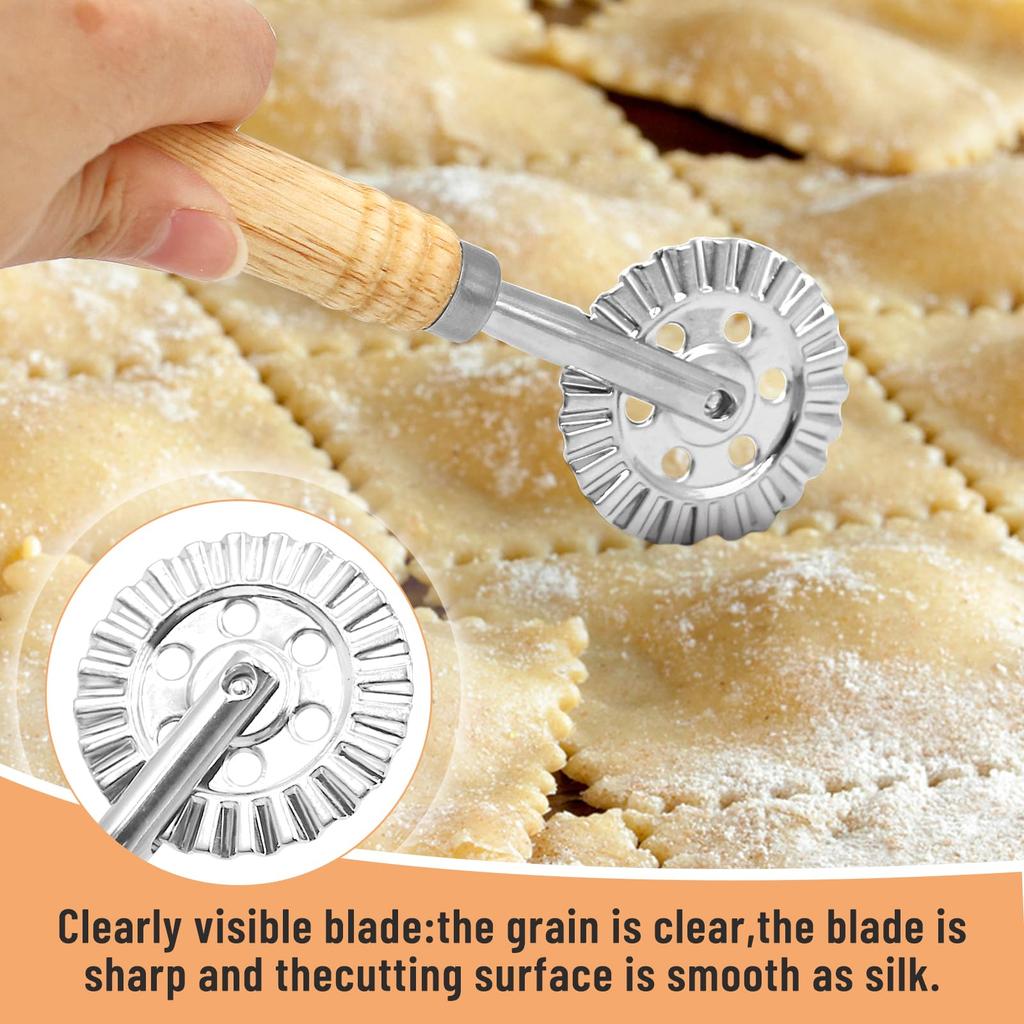 Raviolica Cutter Stamp with Roller Wheel Round Shape with Wood Handle and Grooved Edge Pasta Press Pasta Cutter for Home Kitchen