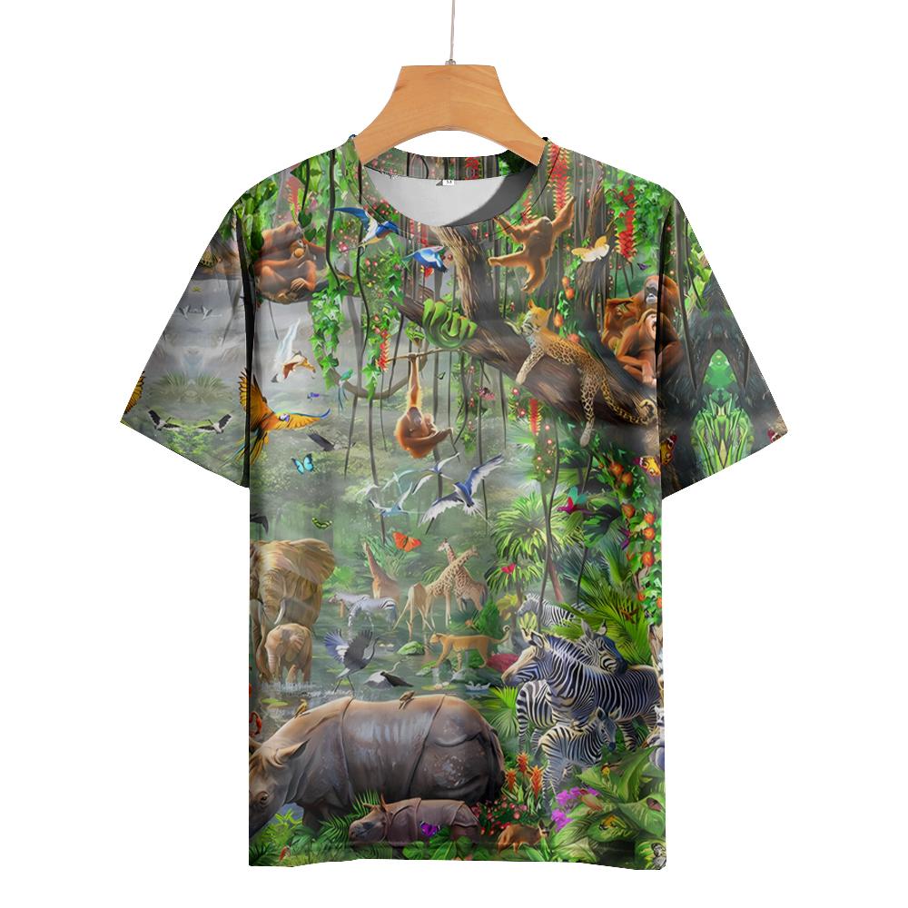 Tričko s kresleným zvířecím potiskem pro muže Trička Starověký les Tričko Outdoor Hip Hop Topy Oblečení Neformální Trička s volným krátkým rukávem