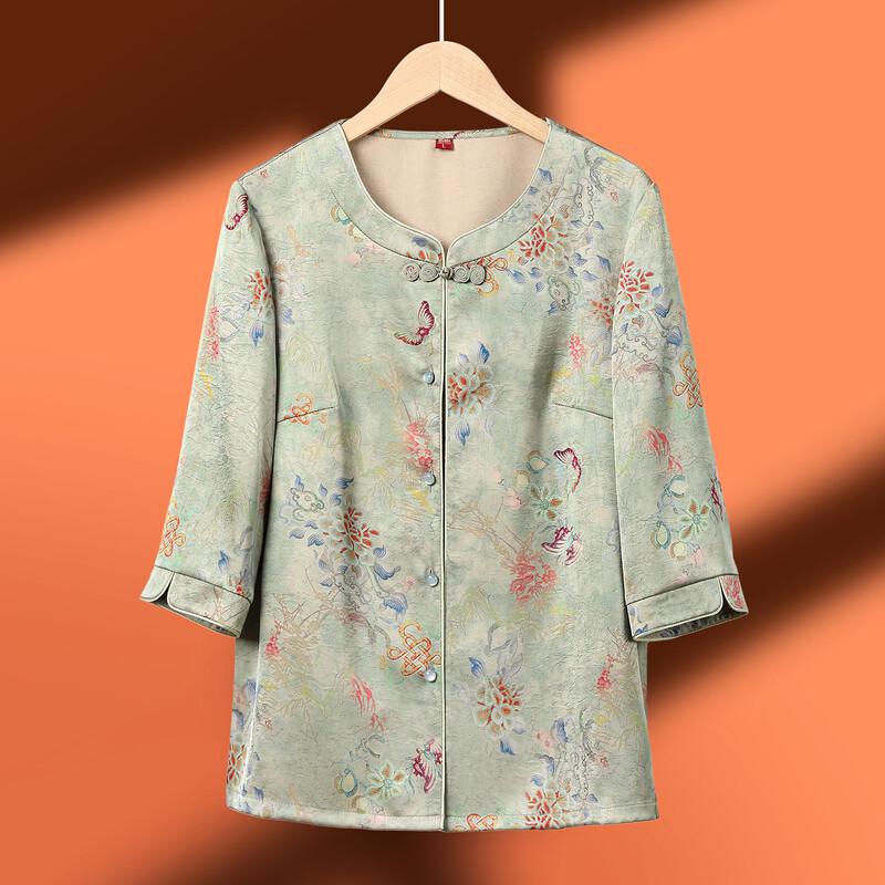 Kapofe Women s New Chinese Style Floral Seven-Sleeve Shirt 3XL