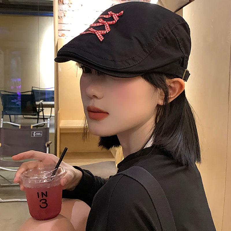 Süße Karom Schleife Baskenmütze für Frauen Weiblich JK Koreanisch Y2K Baumwolle Flache Schiebermütze Vintage Maler Künstler Hip Hop Street Kappe
