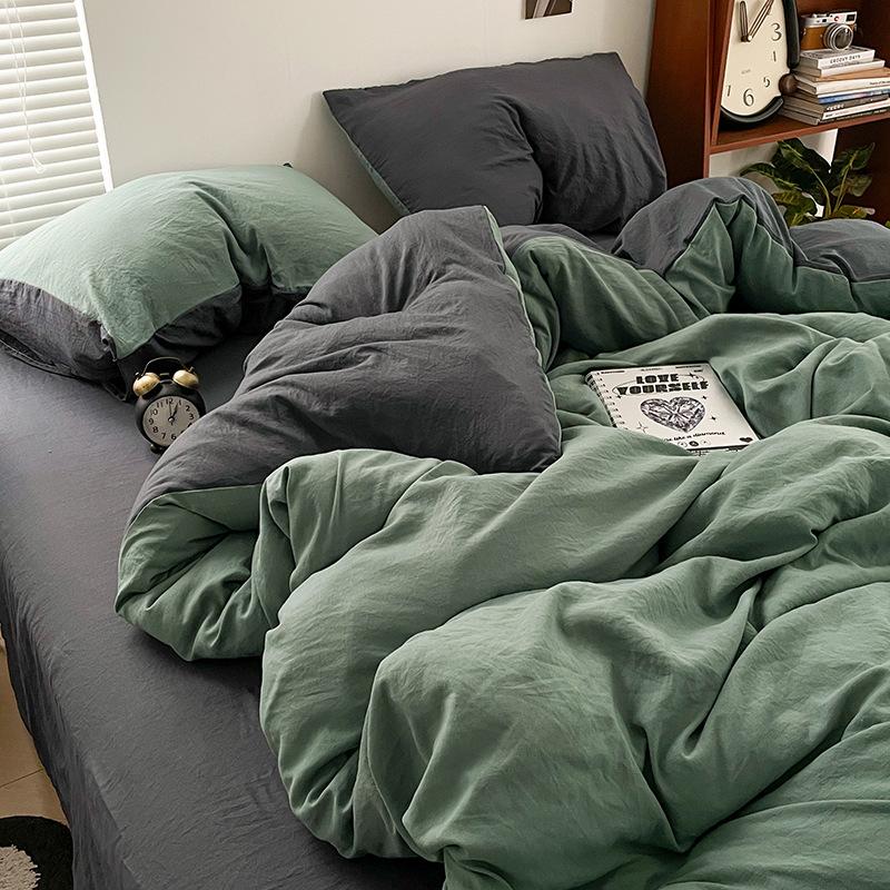 Super Soft Bed 4Pcs Set, Pure Washed Cotton Quilt Cover, Bed Sheet Full Quilt Cover, Bed Hat Student Three 4-Piece Set