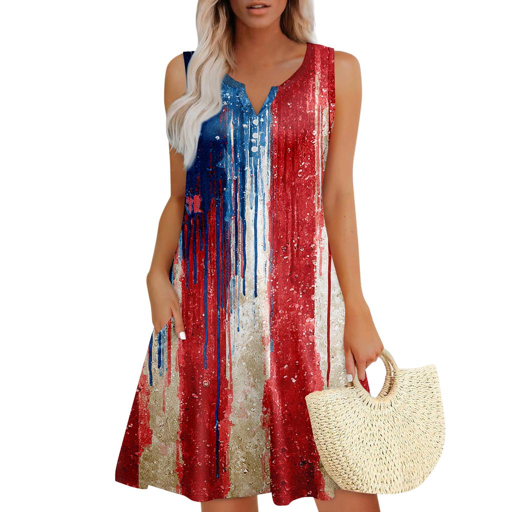 Damen Sommerkleider Lockeres V-Ausschnitt Ärmelloses Sommerkleid Kleid Mit Taschen