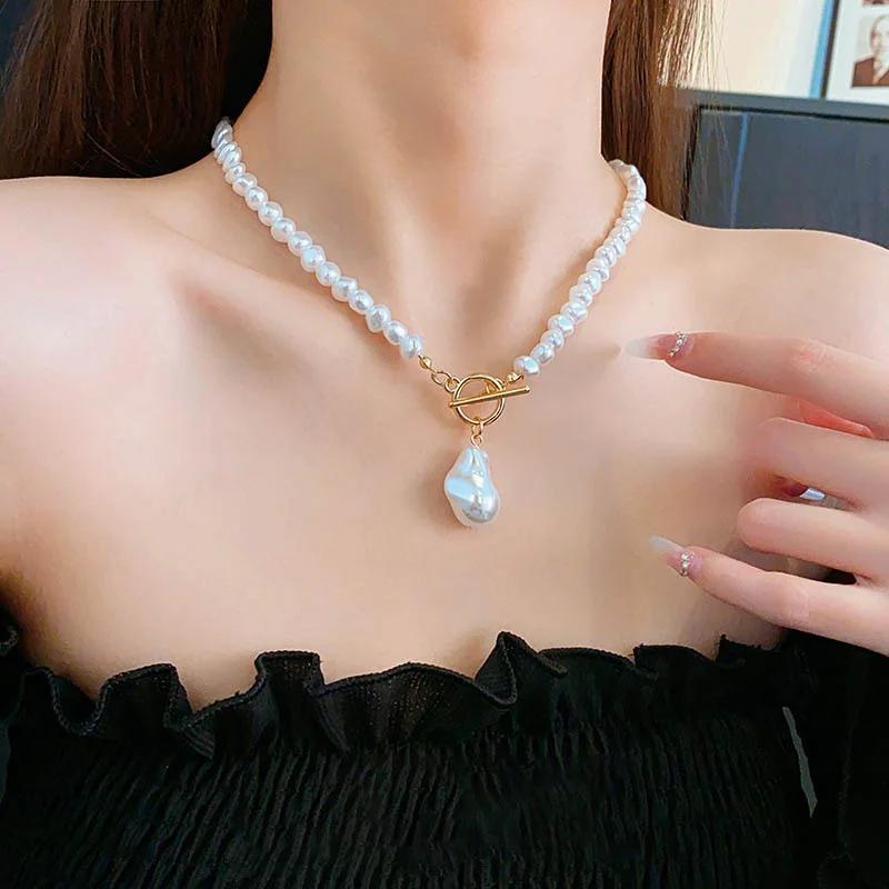 New Baroque Imitation Pearl Ot Buckle Pendant Necklace Women Wedding Bridal Bead Chain Neck Accessories Jewelry Gift