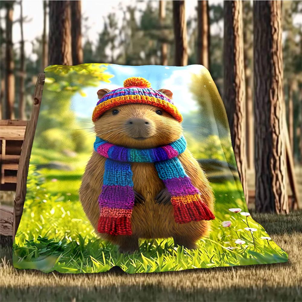1pc Capybara Knit Hat Throw Blanket Polyester Fiber, Lightweight Flannel, Soft & Warm, All Season Use for Outdoor, Camping Digital Print