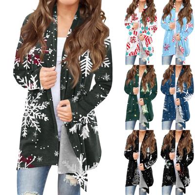 Damenmode, lässig, Weihnachtsdruck, mittellanger Cardigan-Jackenmantel