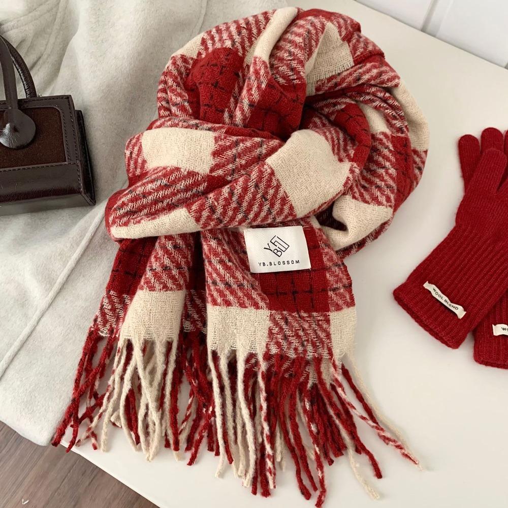 Sweet Winter Knitted Scarves New Year Red Long Shawl Warm Plaid Wool Scarf  Student