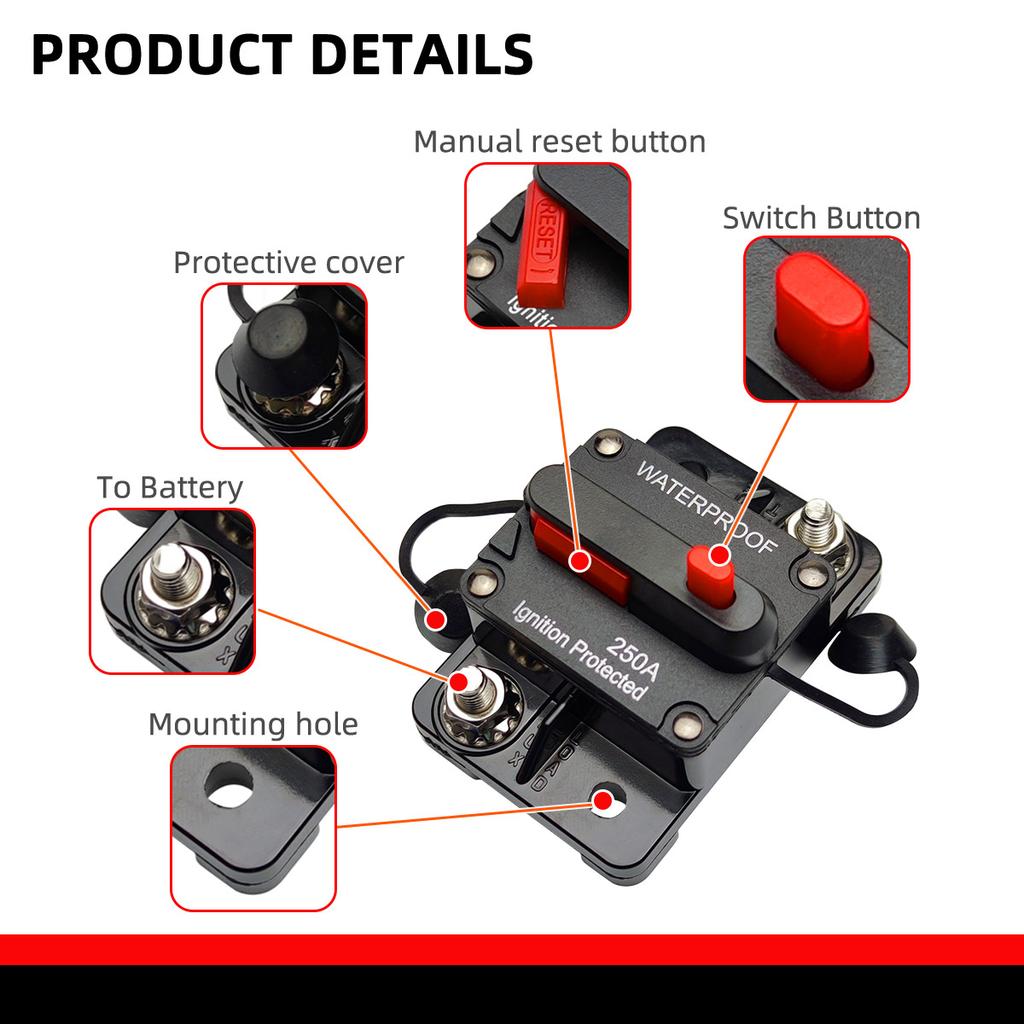 Car Waterproof Circuit Breaker Fuse Ribbon Reset 30A 40A 60A 70A 80A 100A 150A 200A 250A 300A AMP12-48V DC Car Boat Car Audio Fuses4