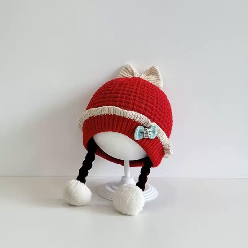 Baby Knit Hat Girls With Bow Braids Cartoon Design Soft Warm Beanie Infants 0-2 Years