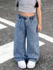 Girls' Single-Pack Embroidered Denim Jeans – Cute & Sweet Style with Bow and Heart Embroidery, Unique Acid-Wash Straight-Leg Fit
