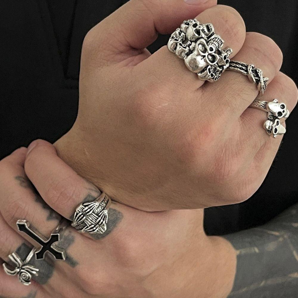 6pcs/Set Punk Men Ring Set Goth Skeleton Rings Vintage Halloween Ring Set  Men
