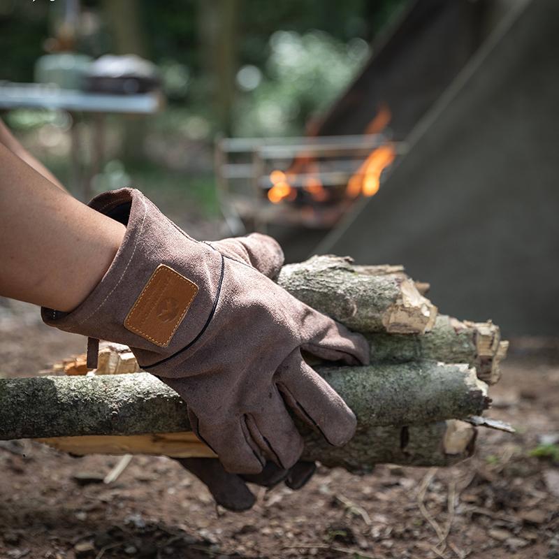 CAMPINGMOON Outdoor Flame-Retardant And Heat-Insulating Double-Layer Detachable Cowhide Fire Gloves