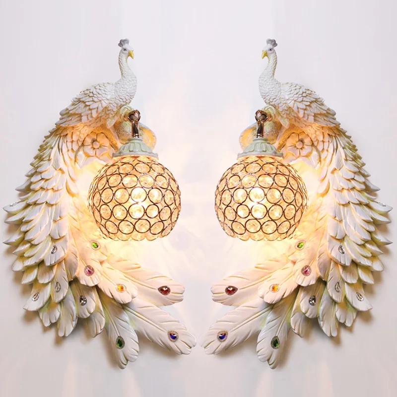 Nordic Retro Dual Color Peacock Wall Lamp Creative Gold White Lamps LED Crystal Metal Light Corridor Decoration