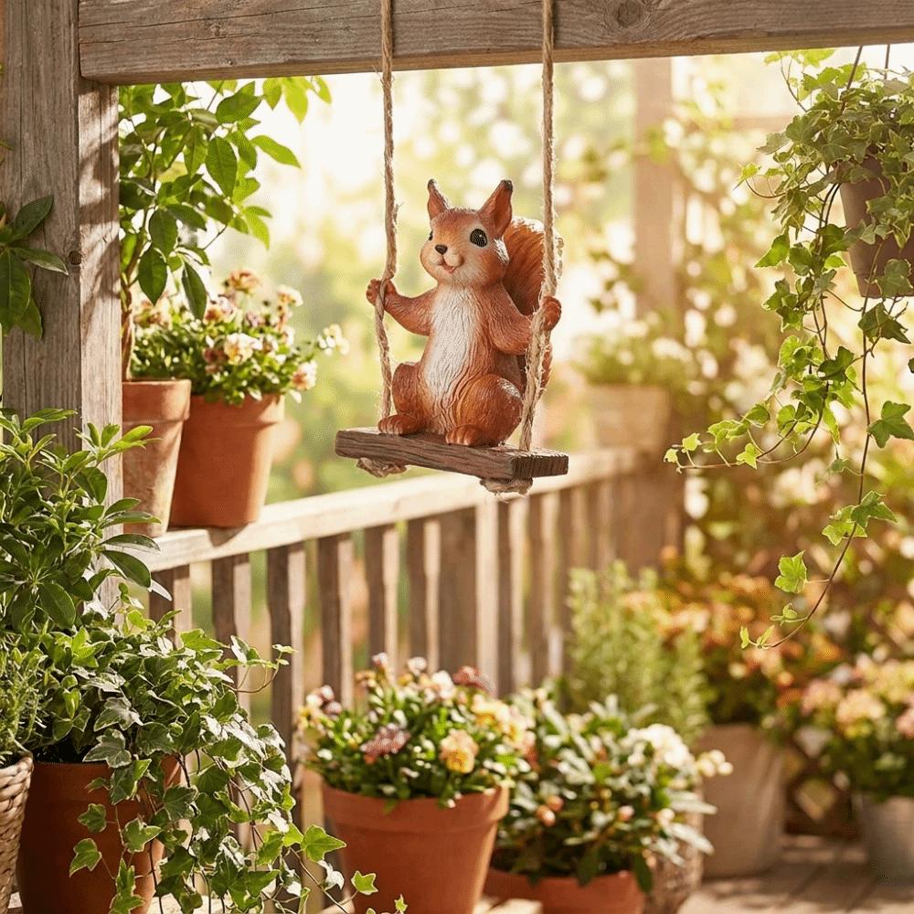 Resin Squirrel On Swing Weatherproof Squirrel Figurine Garden Decoration Indoor