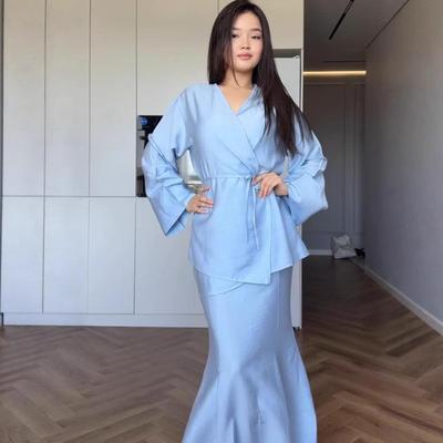 European-American V-Neck Long Dress: 2025 Summer Casual, Loose, Long-Sleeved, Slim-Fit with Tie-Up.