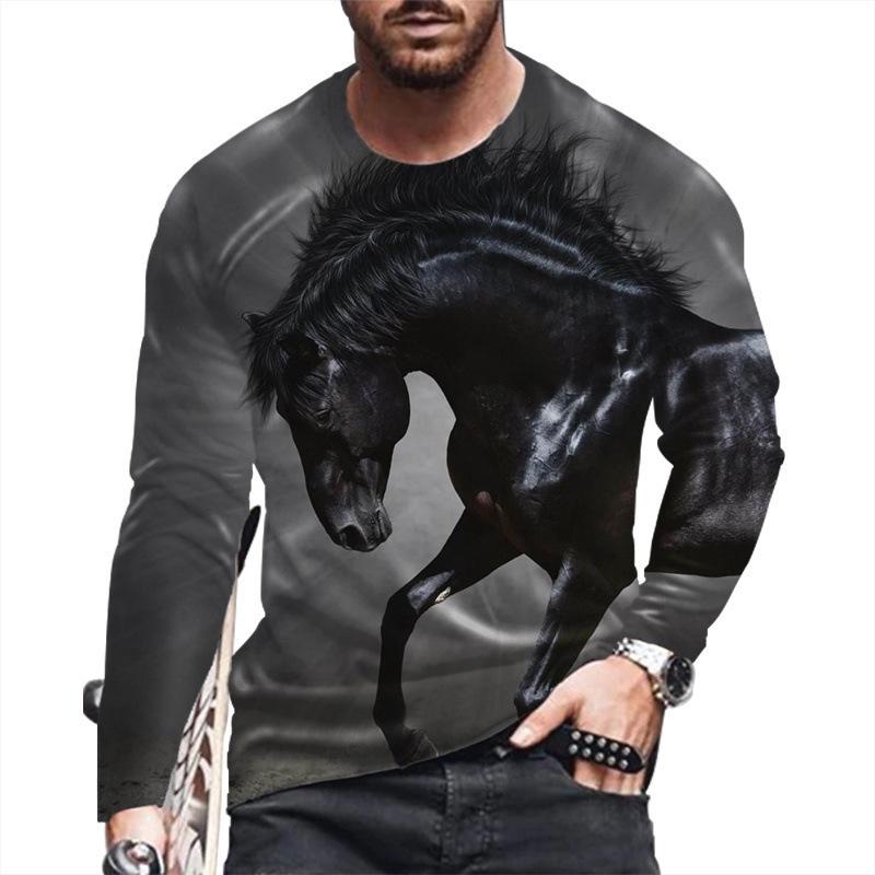 Spring and Autumn Round Neck Horse 3D Printed Top Fashionable Casual Long Sleeved Men's T-shirts