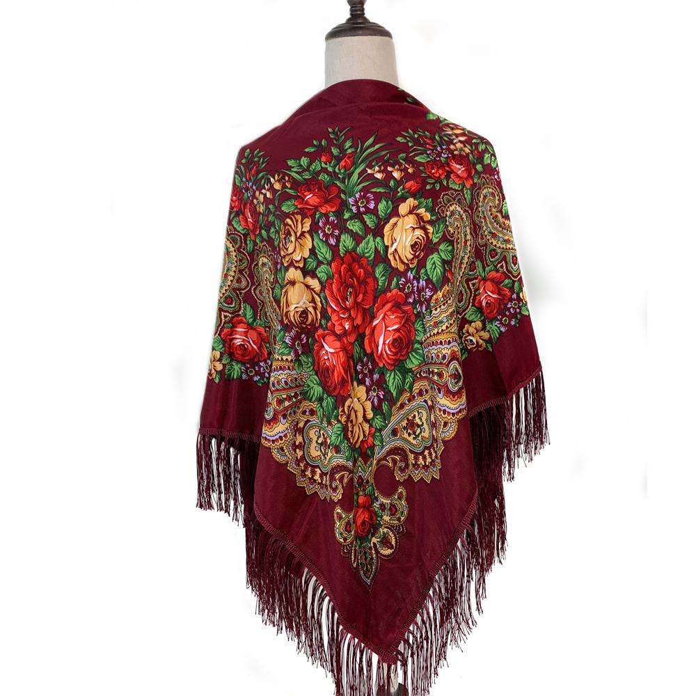 135*135Cm Russian Style Square Scarf For Women Luxury Floral Print Bandana Head Scarves Lades Fringed Shawl Headwraps Foulard
