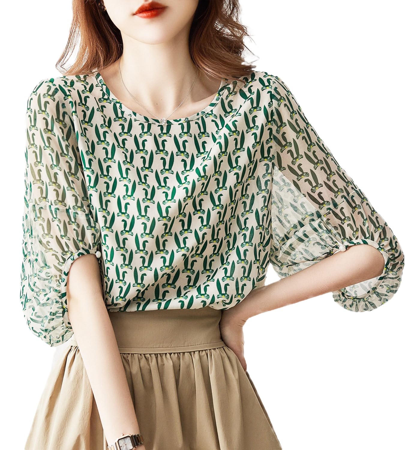 

Блузка Летний Топ с Коротким Рукавом Круглый Вырез Верхняя Одежда Шифон Принт Пышный Рукав Пуловер Свободный Крой Прикрывающий Фигуру Прохладный Стильный Женственный Чистый Взрослый Повседневный зелёный