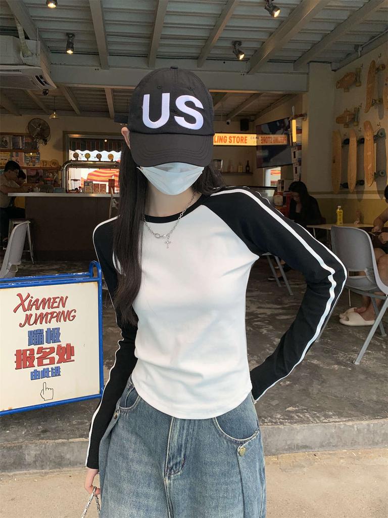 Contrasting color splicing long-sleeved bottoming shirt women's spring design bar bar sweet cool top slim T-shirt