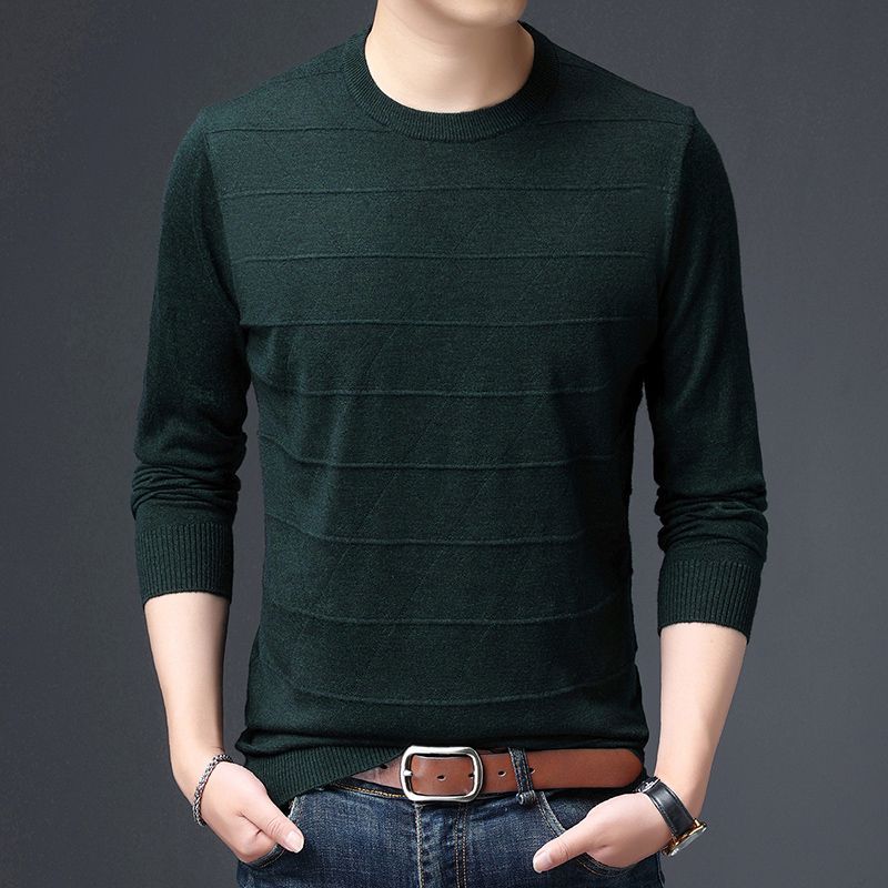 Men's Sweater Knitted Sweater Solid Color Striped Jacquard Round Neck Long Sleeved Base Top