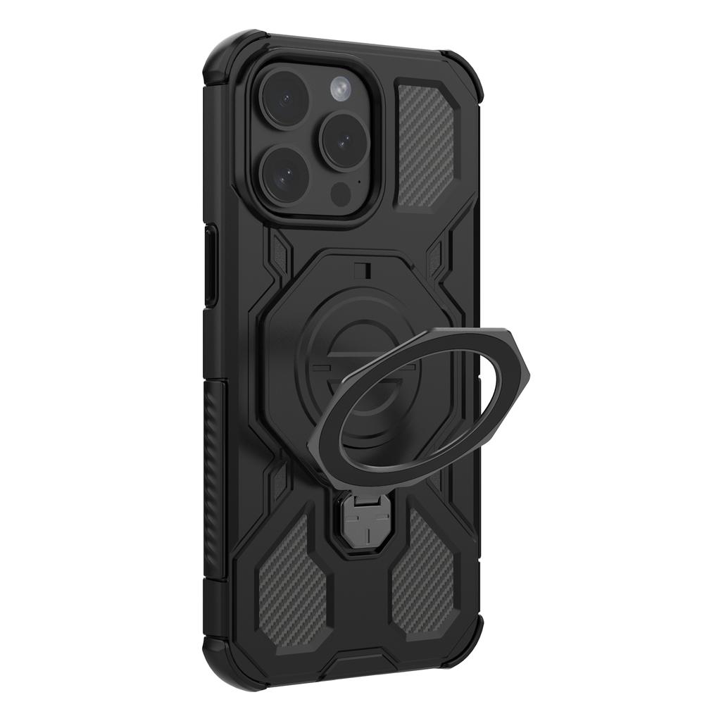 For iPhone 15 Pro Magnetic Case Rotating Metal Kickstand Shockproof PC+TPU Phone Back Cover