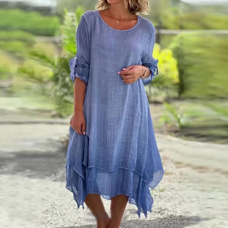 GMXIA Dame Vår Sommer Mote Casual O-Hals Langermet Dobbelt Lag Elegant Ensfarget Kjoler