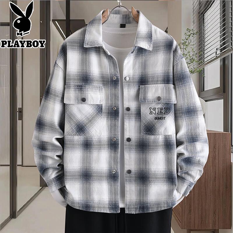 

PLAYBOY Men s 2026 Spring Casual Loose Long-Sleeve Double Pocket Plaid Shirt L