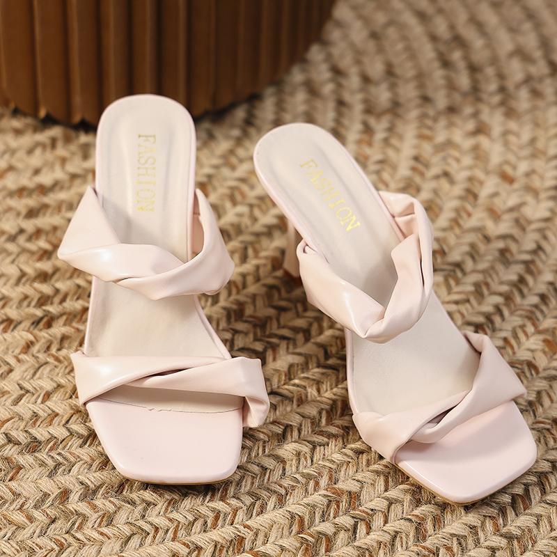Fashion 2025 Summer Square Head Open-toed Thin Soft Soled Slippers One-line Sandals Women Shoes Versatile High Heels