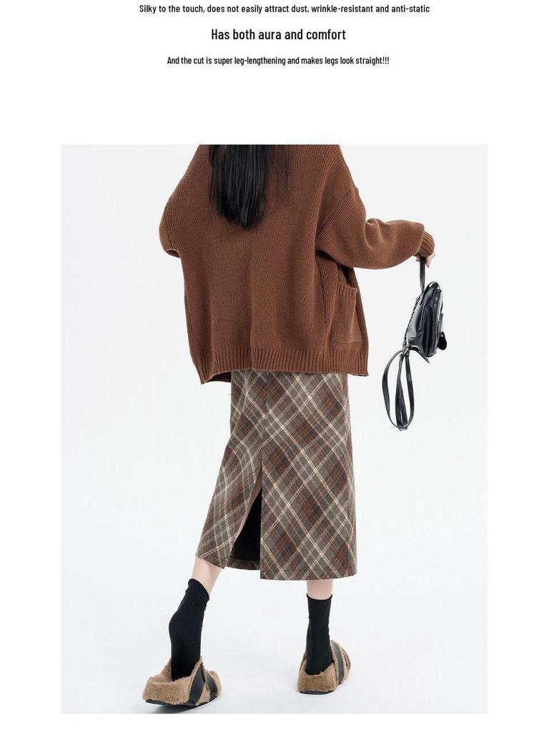 2025 Spring/Autumn High Waist Slit A-line Wool Plaid Midi Skirt for Women