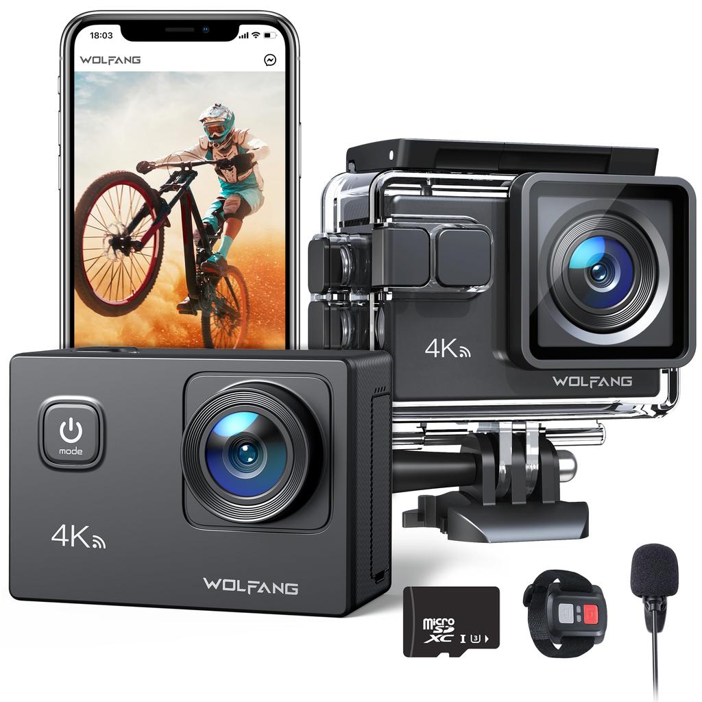 WOLFANG GA100 Action Camera Memory Card 4K 20MP Waterproof 40M Underwater Sports Camera Wearable Camera EIS Image Stabilization WiFi Function Wide