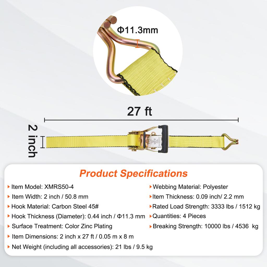 SucceBuy Ratchet Tie Down Straps (4PK) 10000 lb Break Strength Double J Hook for Moving Securing Cargo Appliances Lawn Equipment