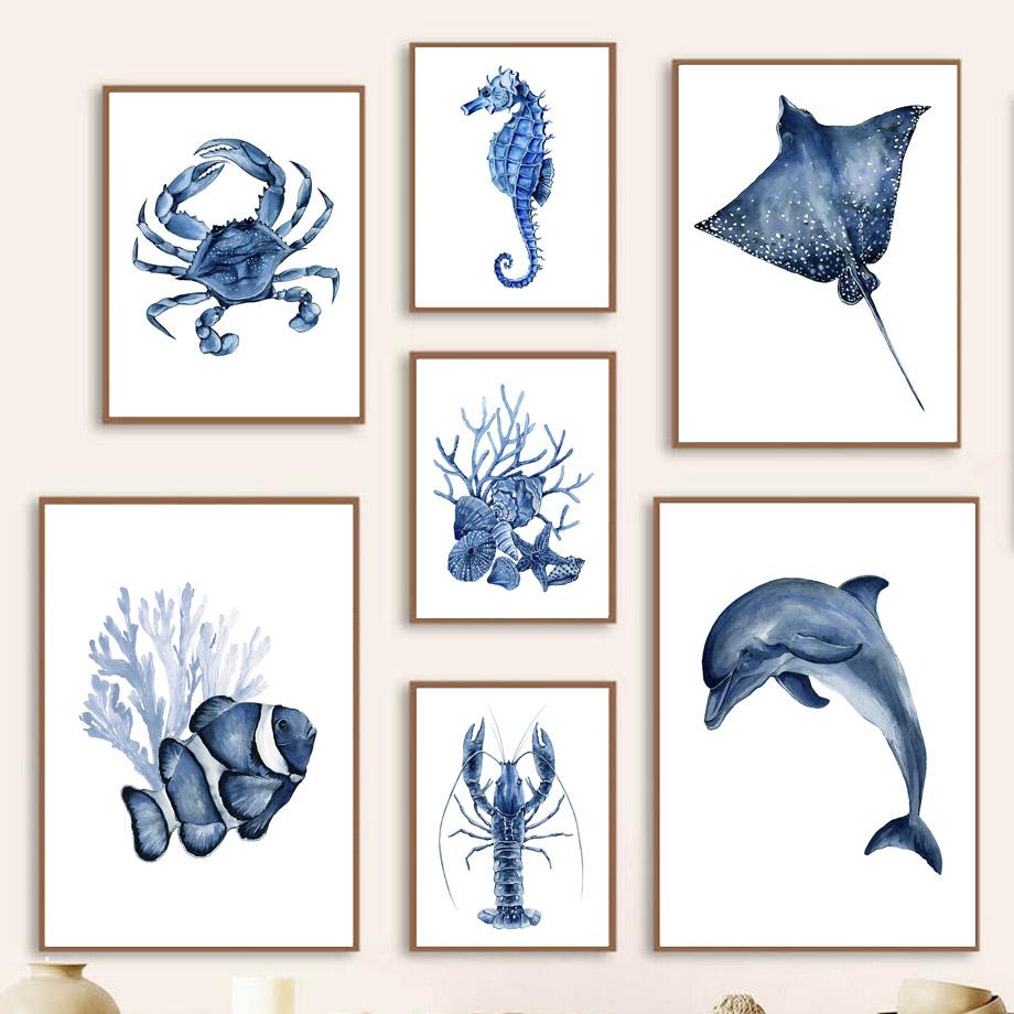 Whale Dolphin Crab Fish Octopus Seahorse Coral Ocean Posters And Prints Canvas Painting Wall Art Pictures Kids Room Home Decor