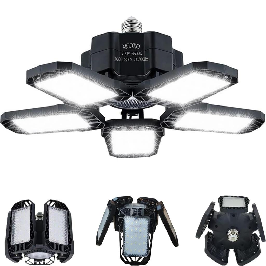 MGOXO Garagenleuchte LED Deckenleuchte, 100W, 6-flammig, Energiesparende Hängeleuchte, Hohe Leistung, Ultrahell 6500K Tageslichtweiß, Faltbar,