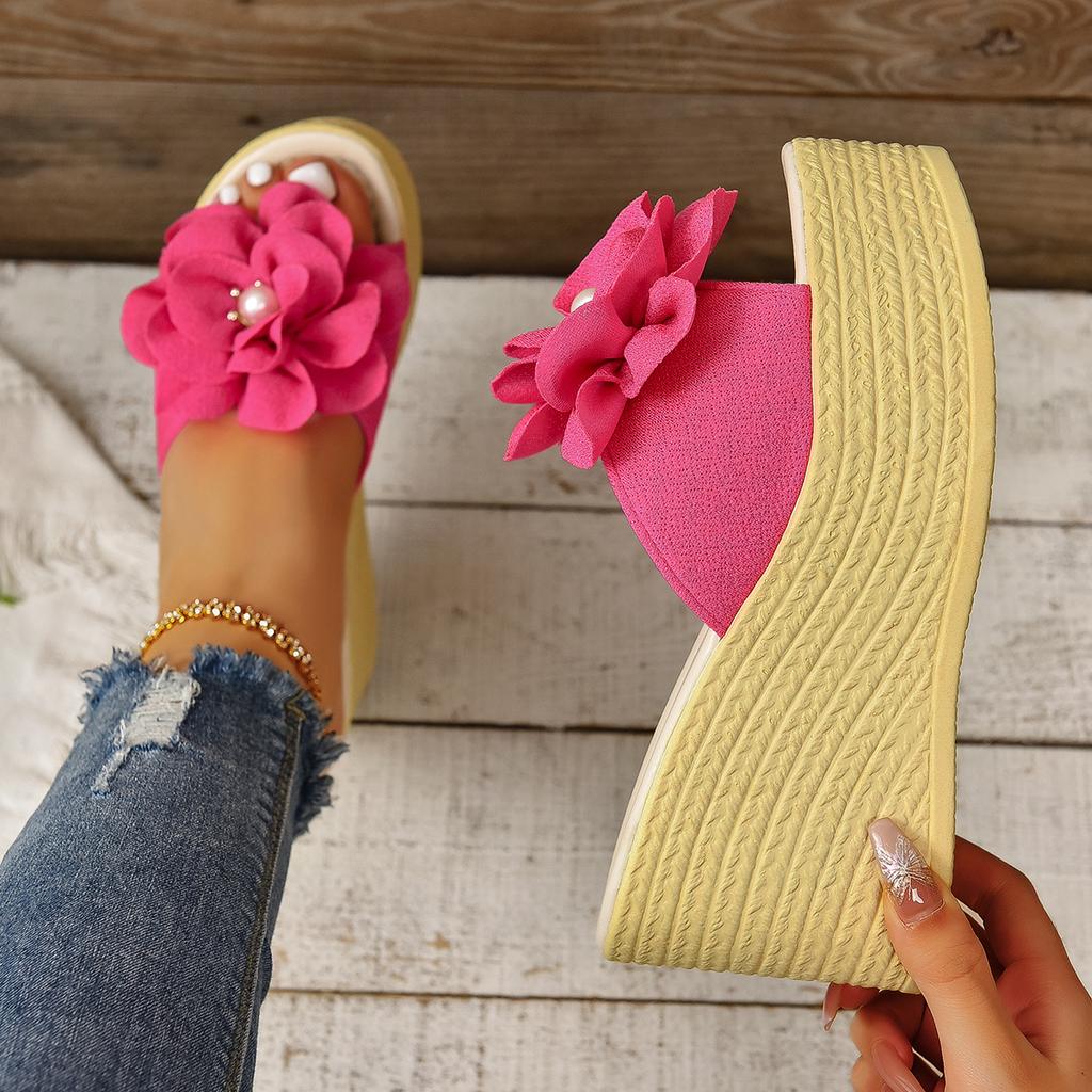 Aphixta Perlen-Design Damen Keilabsatz Hausschuhe Babyrosa Blume Süße Mules 4cm Plateausandalen Clog Schuh Pantoletten Übergröße 43