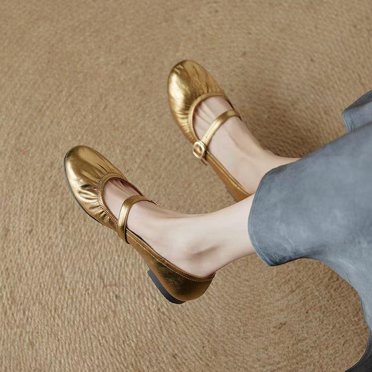 

French retro pleated ballet shoes flat Mary Jane shoes women s summer 2025 new soft-soled silver single shoes 35