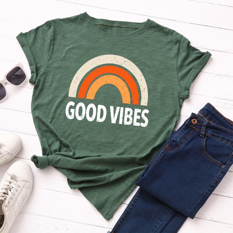 

Літні жіночі футболки з чистої бавовни з принтом веселки GOOD VIBES, вільні, з круглим вирізом, з коротким рукавом L армія зелений колір
