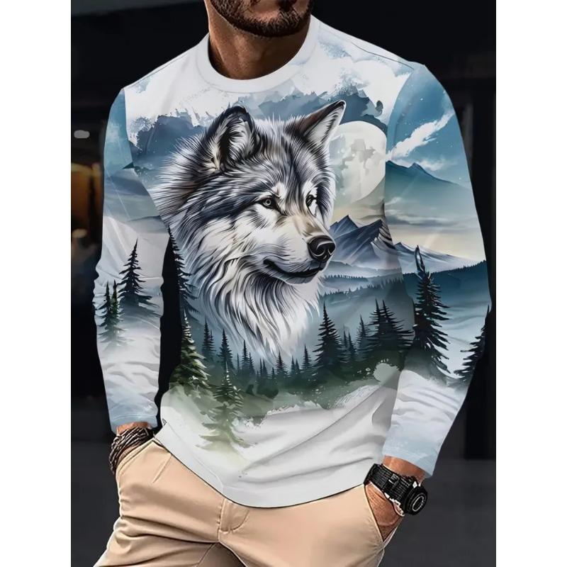 Herren Herbst und Winter 3D Tiger Wolf Print Rundhals Langarm T-Shirt