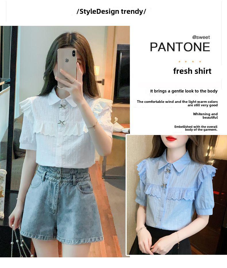 Dámská halenka z čisté bavlny s krajkou a krátkým rukávem - Módní výklenkový design